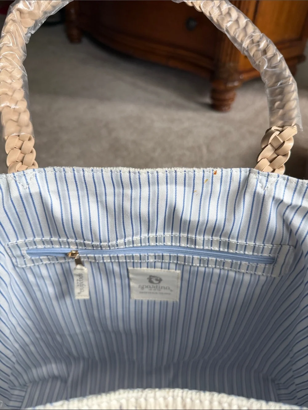 Spartina 449 Blue and Cream Striped Palm Tote with Tassels - Picture 4 of 6